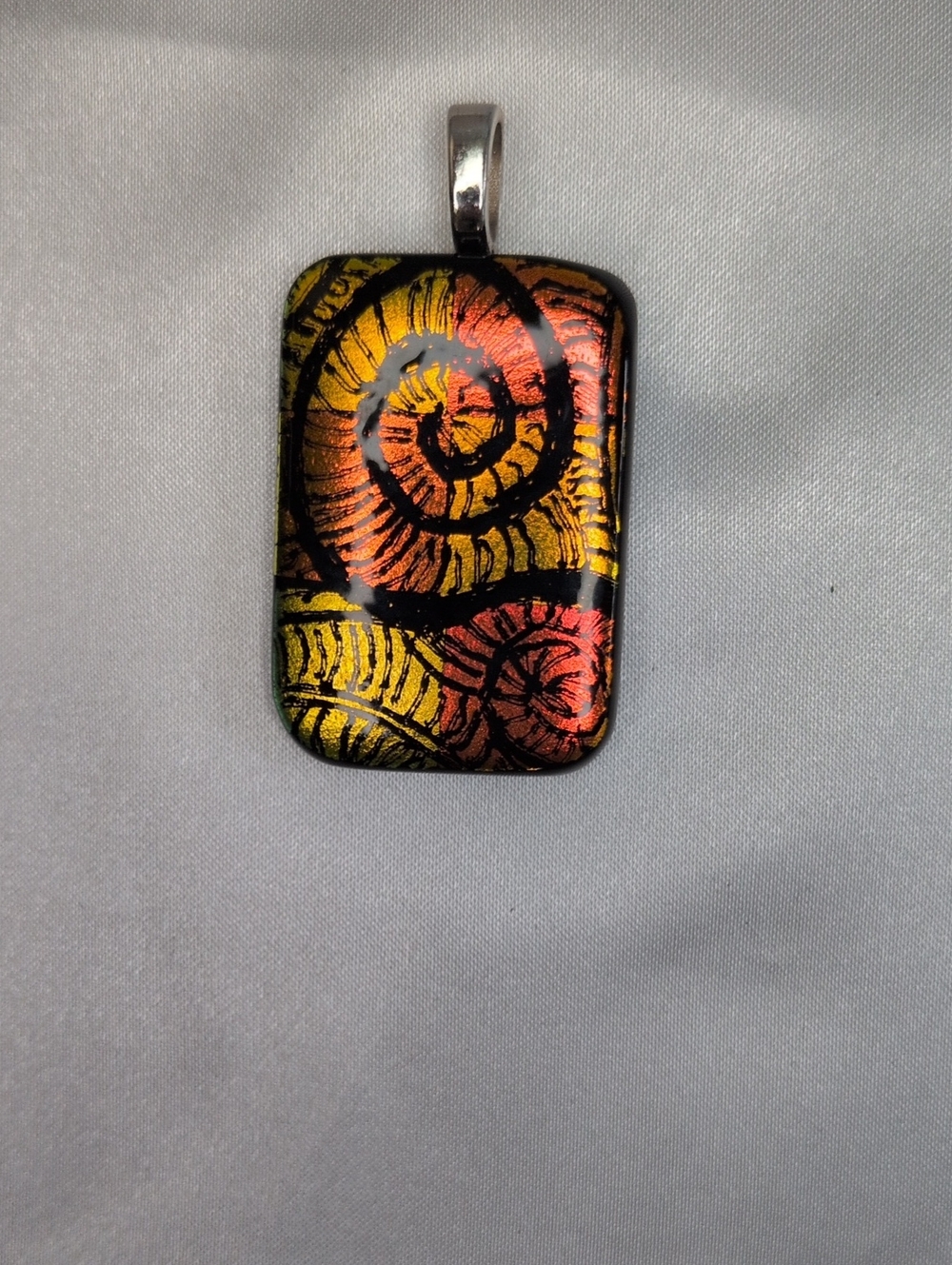 Artisan Dichroic Fused Glass Pendant Spiral Nautilus Ammonite Fossil Sunset Gold